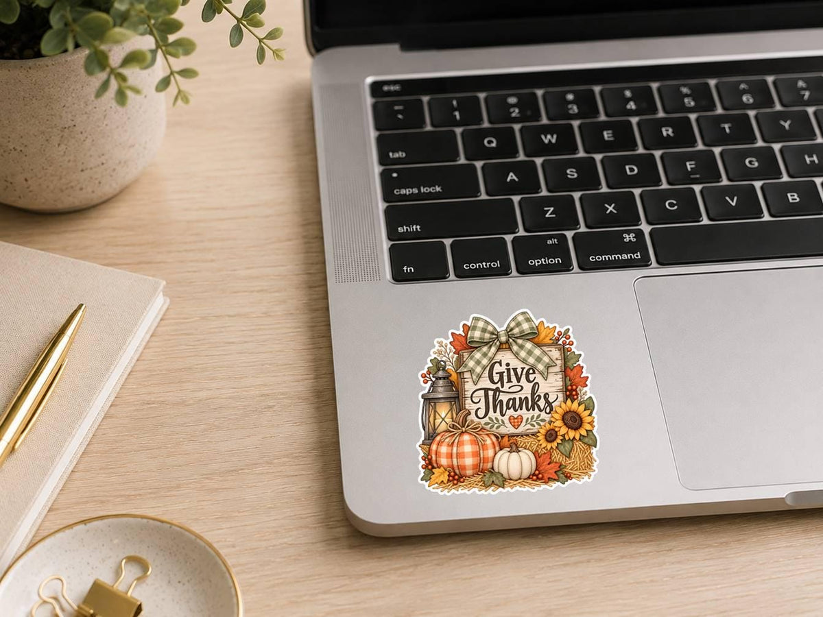 Give Thanks Fall Sticker, Rustic Thanksgiving Decal, Pumpkin Sunflower Harvest, Farmhouse Autumn – ST 011