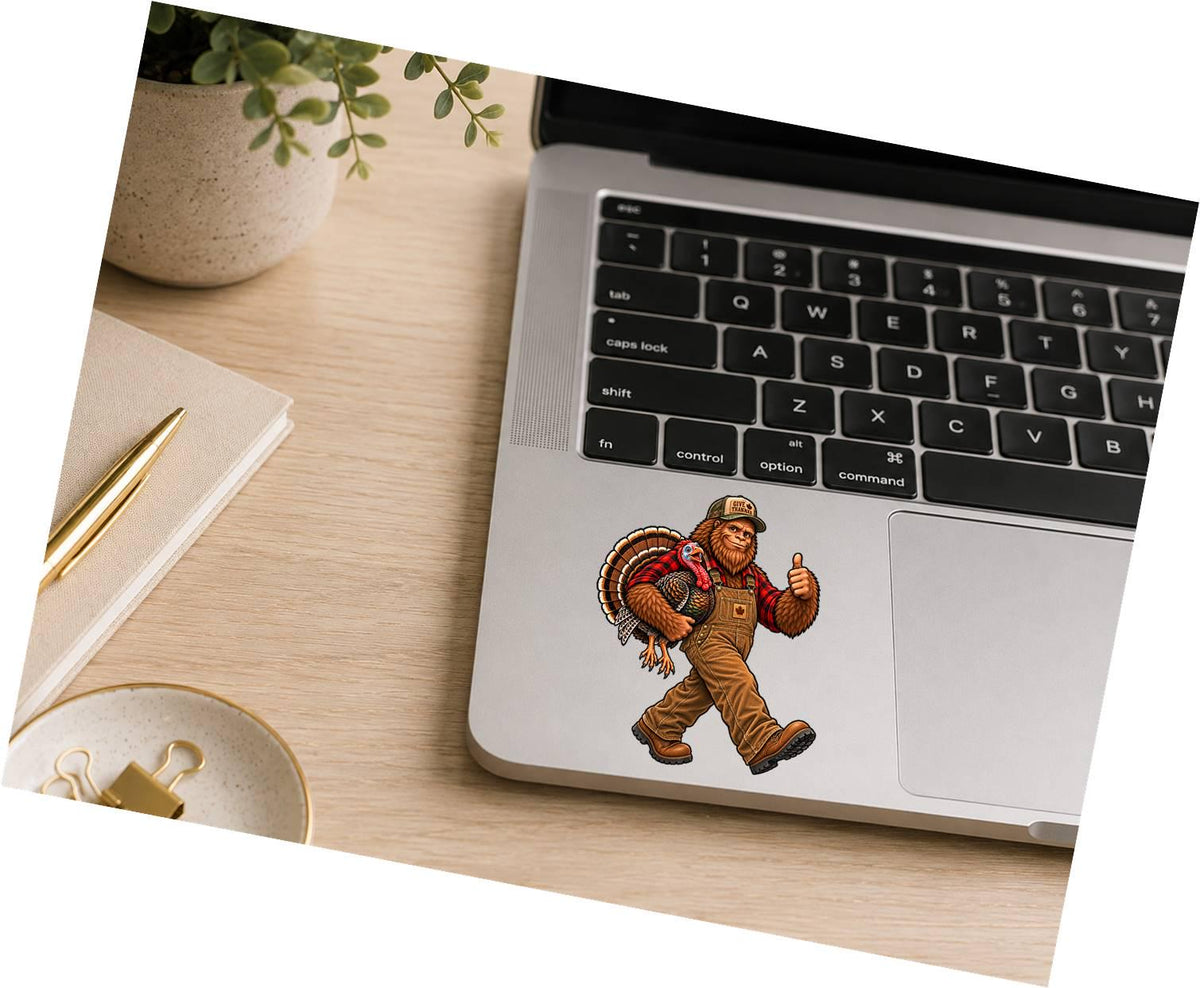 Bigfoot Thanksgiving Sticker, Sasquatch with Turkey Vinyl Decal, Funny Fall Cryptid Sticker – ST 037