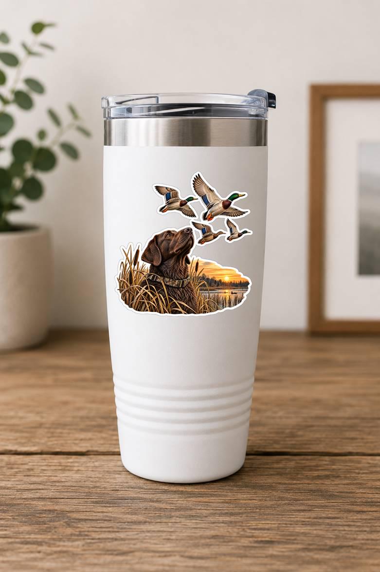 Chocolate Lab Duck Hunting Sticker – Marsh Sunset, Flying Mallards (Vinyl Decal) ST 008