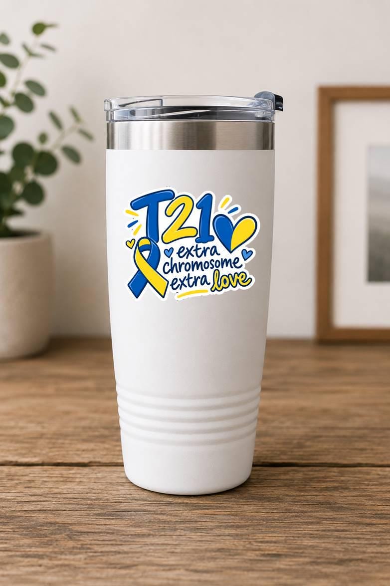 T21 Trisomy 21 Sticker, Down Syndrome Awareness Decal, Blue Yellow Heart Sticker ST 060