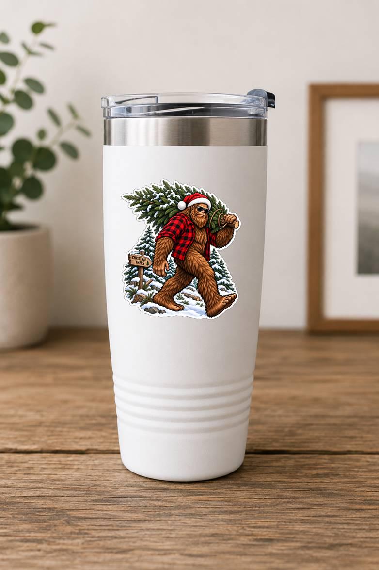 Bigfoot Christmas Tree Sticker | Sasquatch Christmas Decal | Bigfoot Carrying Tree Sticker | Funny Cryptid Christmas Vinyl Decal ST 036