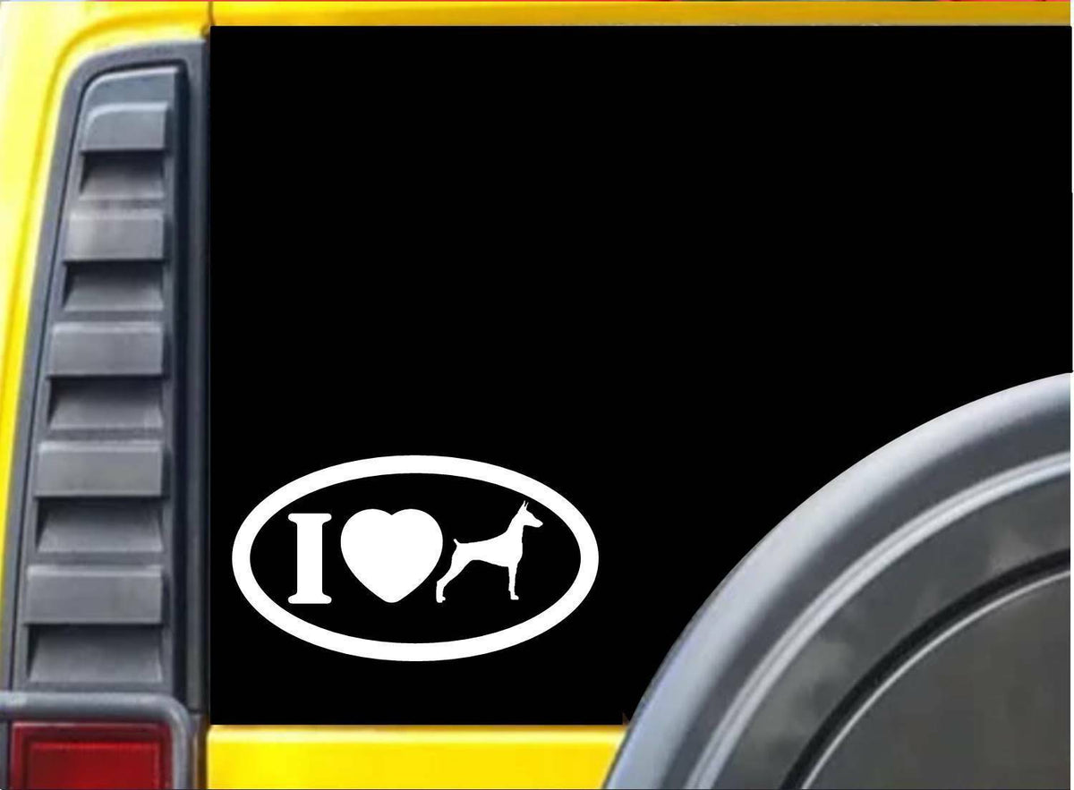 I Love Doberman Oval Dog Vinyl Decal – 8 Inch