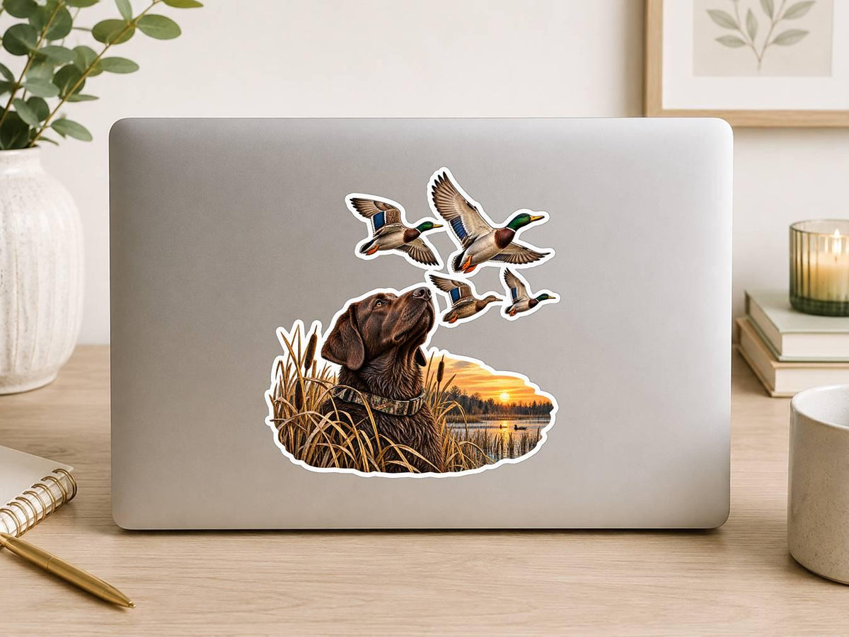 Chocolate Lab Duck Hunting Sticker – Marsh Sunset, Flying Mallards (Vinyl Decal) ST 008