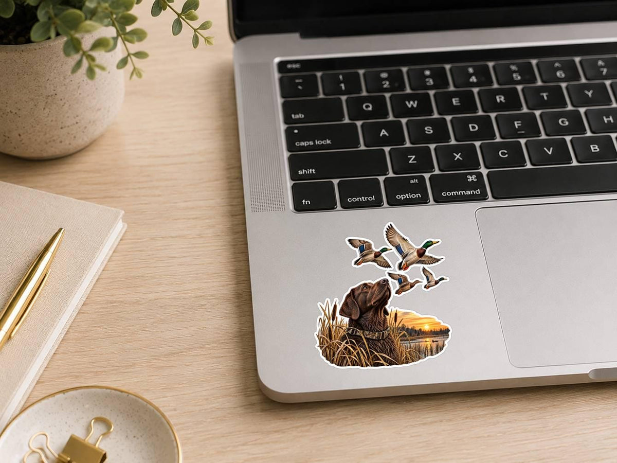 Chocolate Lab Duck Hunting Sticker – Marsh Sunset, Flying Mallards (Vinyl Decal) ST 008