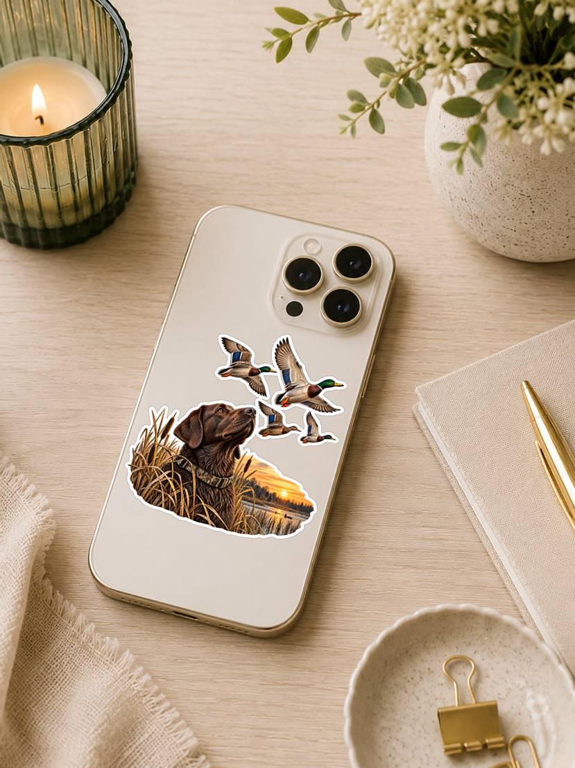 Chocolate Lab Duck Hunting Sticker – Marsh Sunset, Flying Mallards (Vinyl Decal) ST 008