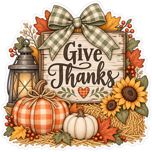 Give Thanks Fall Sticker, Rustic Thanksgiving Decal, Pumpkin Sunflower Harvest, Farmhouse Autumn – ST 011
