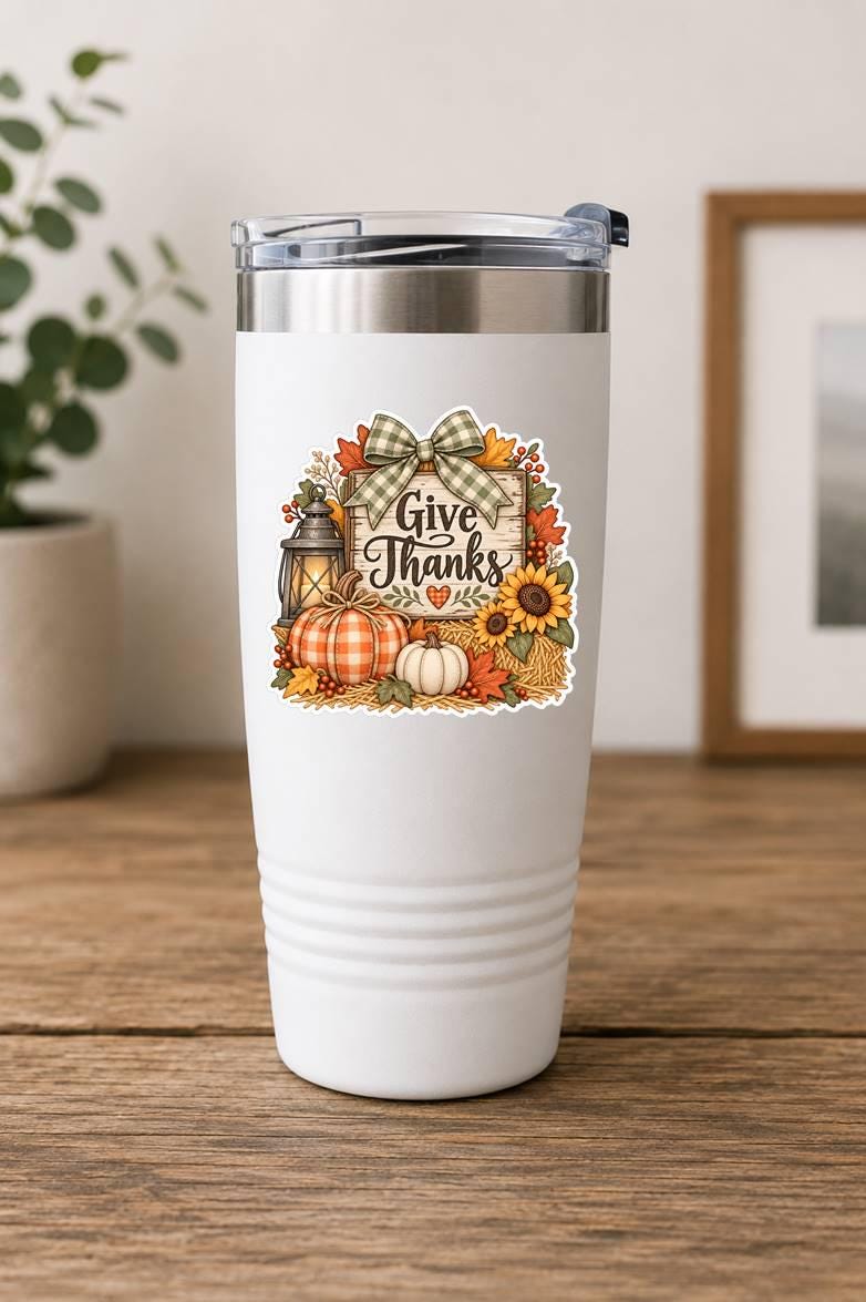 Give Thanks Fall Sticker, Rustic Thanksgiving Decal, Pumpkin Sunflower Harvest, Farmhouse Autumn – ST 011
