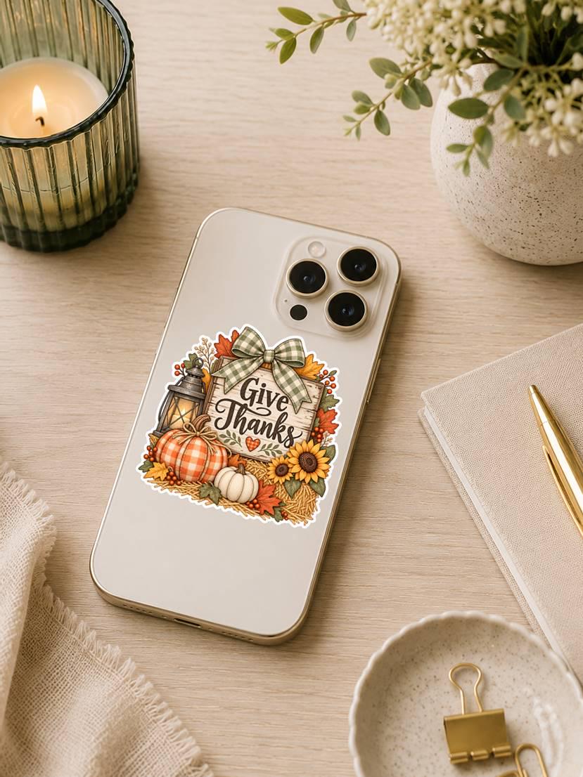 Give Thanks Fall Sticker, Rustic Thanksgiving Decal, Pumpkin Sunflower Harvest, Farmhouse Autumn – ST 011