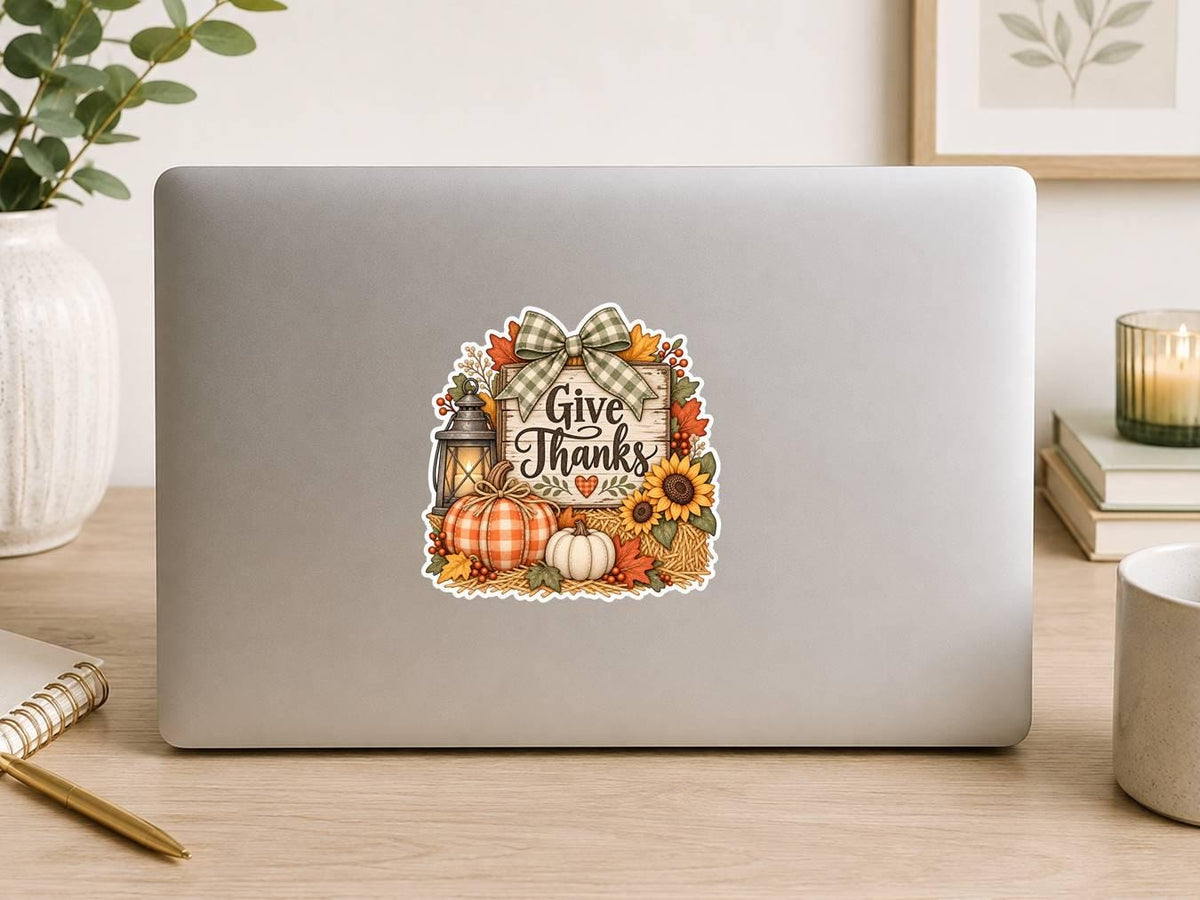 Give Thanks Fall Sticker, Rustic Thanksgiving Decal, Pumpkin Sunflower Harvest, Farmhouse Autumn – ST 011