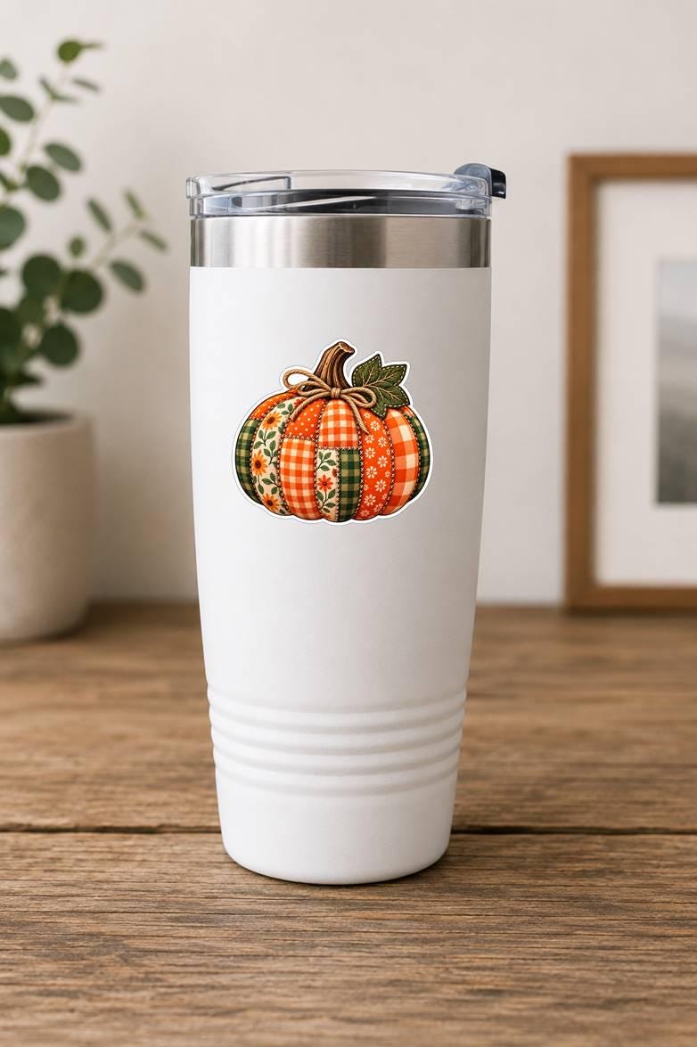 Quilted Patchwork Pumpkin Sticker | Fall Pumpkin Decal | Autumn Farmhouse Sticker | Cute Pumpkin Vinyl Decal | Thanksgiving Sticker – ST 034