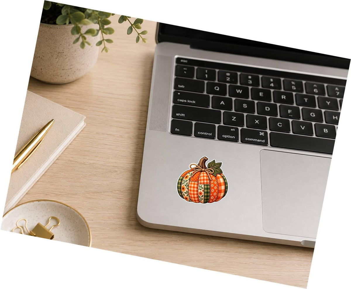 Quilted Patchwork Pumpkin Sticker | Fall Pumpkin Decal | Autumn Farmhouse Sticker | Cute Pumpkin Vinyl Decal | Thanksgiving Sticker – ST 034