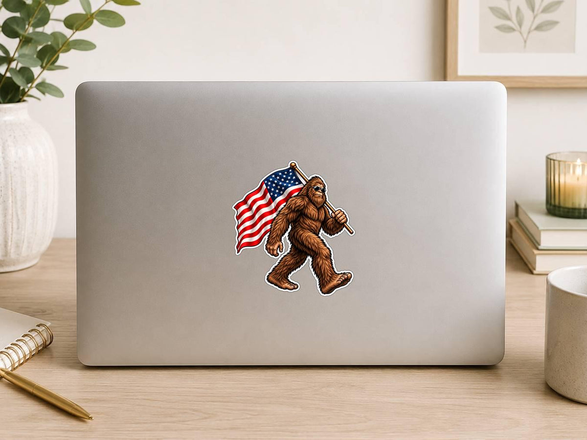 Bigfoot American Flag Sticker | Patriotic Sasquatch Decal | USA Bigfoot Sticker | American Bigfoot Vinyl Decal | Cryptid Gift ST 040