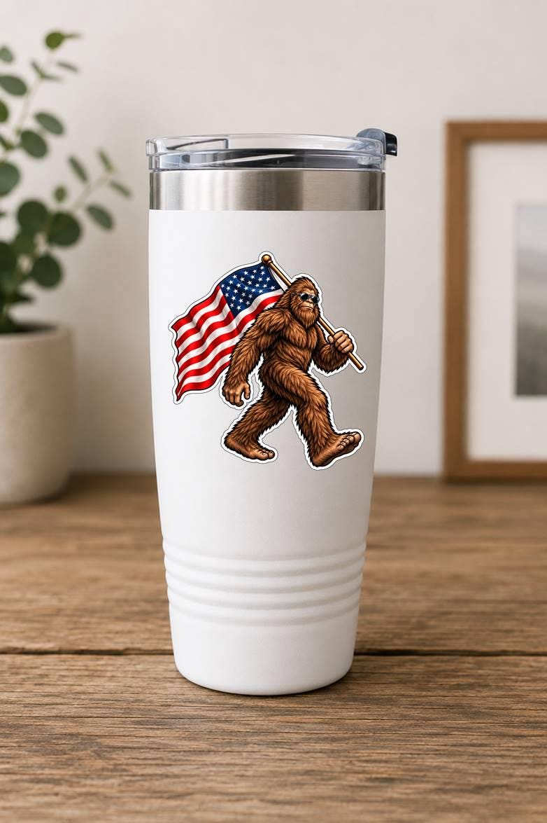 Bigfoot American Flag Sticker | Patriotic Sasquatch Decal | USA Bigfoot Sticker | American Bigfoot Vinyl Decal | Cryptid Gift ST 040