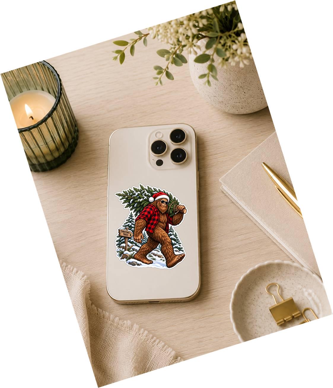Bigfoot Christmas Tree Sticker | Sasquatch Christmas Decal | Bigfoot Carrying Tree Sticker | Funny Cryptid Christmas Vinyl Decal ST 036