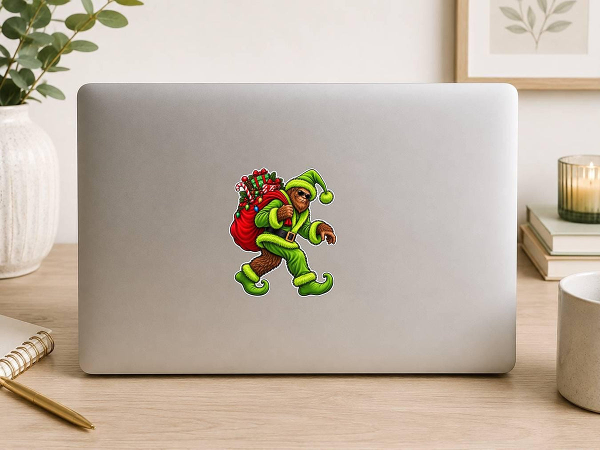 Mischievous Bigfoot Sticker | Sasquatch Christmas Decal | Bigfoot Steals Christmas | Funny Cryptid Christmas Vinyl Decal ST 038