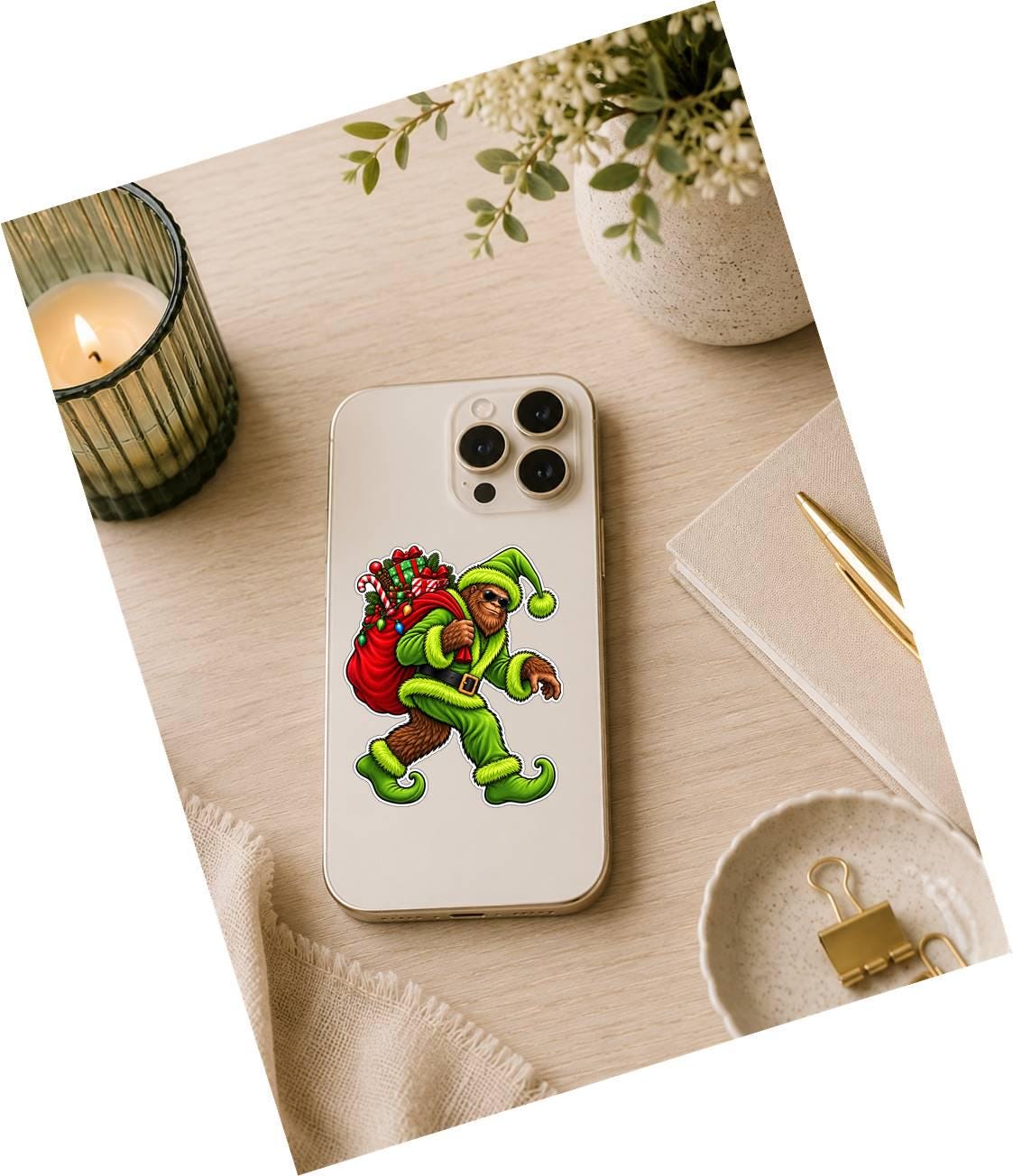 Mischievous Bigfoot Sticker | Sasquatch Christmas Decal | Bigfoot Steals Christmas | Funny Cryptid Christmas Vinyl Decal ST 038