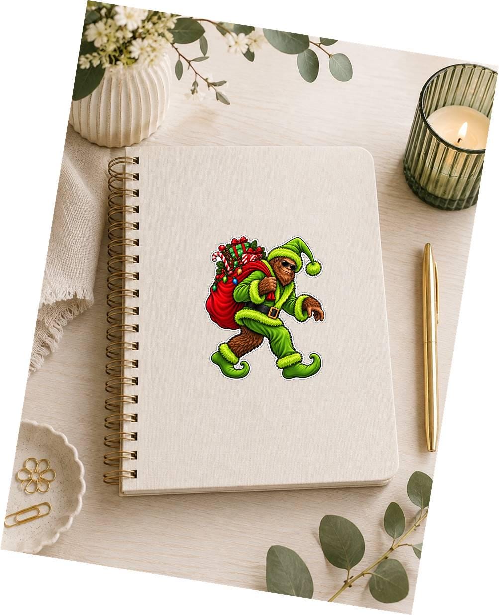 Mischievous Bigfoot Sticker | Sasquatch Christmas Decal | Bigfoot Steals Christmas | Funny Cryptid Christmas Vinyl Decal ST 038