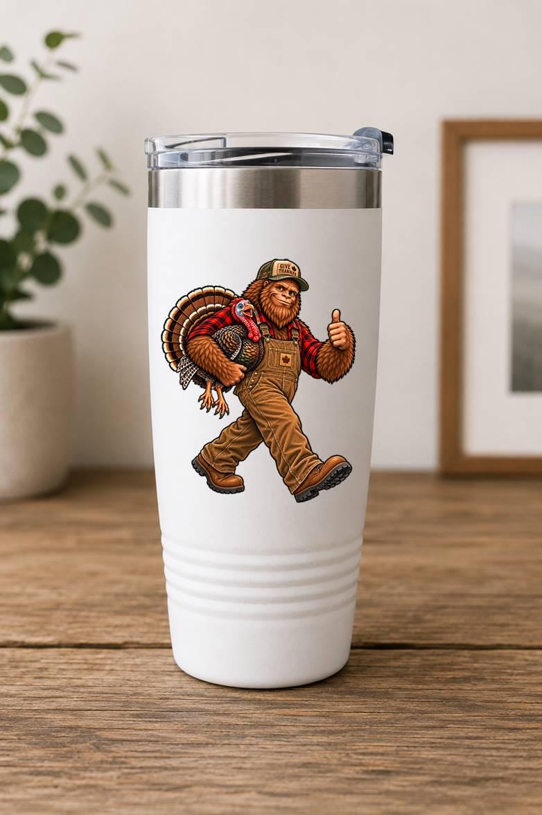 Bigfoot Thanksgiving Sticker, Sasquatch with Turkey Vinyl Decal, Funny Fall Cryptid Sticker – ST 037