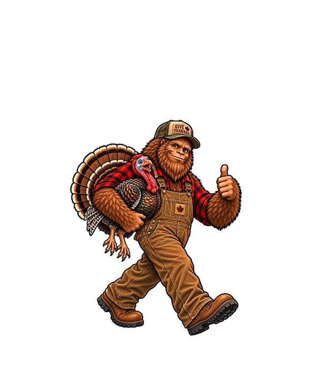 Bigfoot Thanksgiving Sticker, Sasquatch with Turkey Vinyl Decal, Funny Fall Cryptid Sticker – ST 037