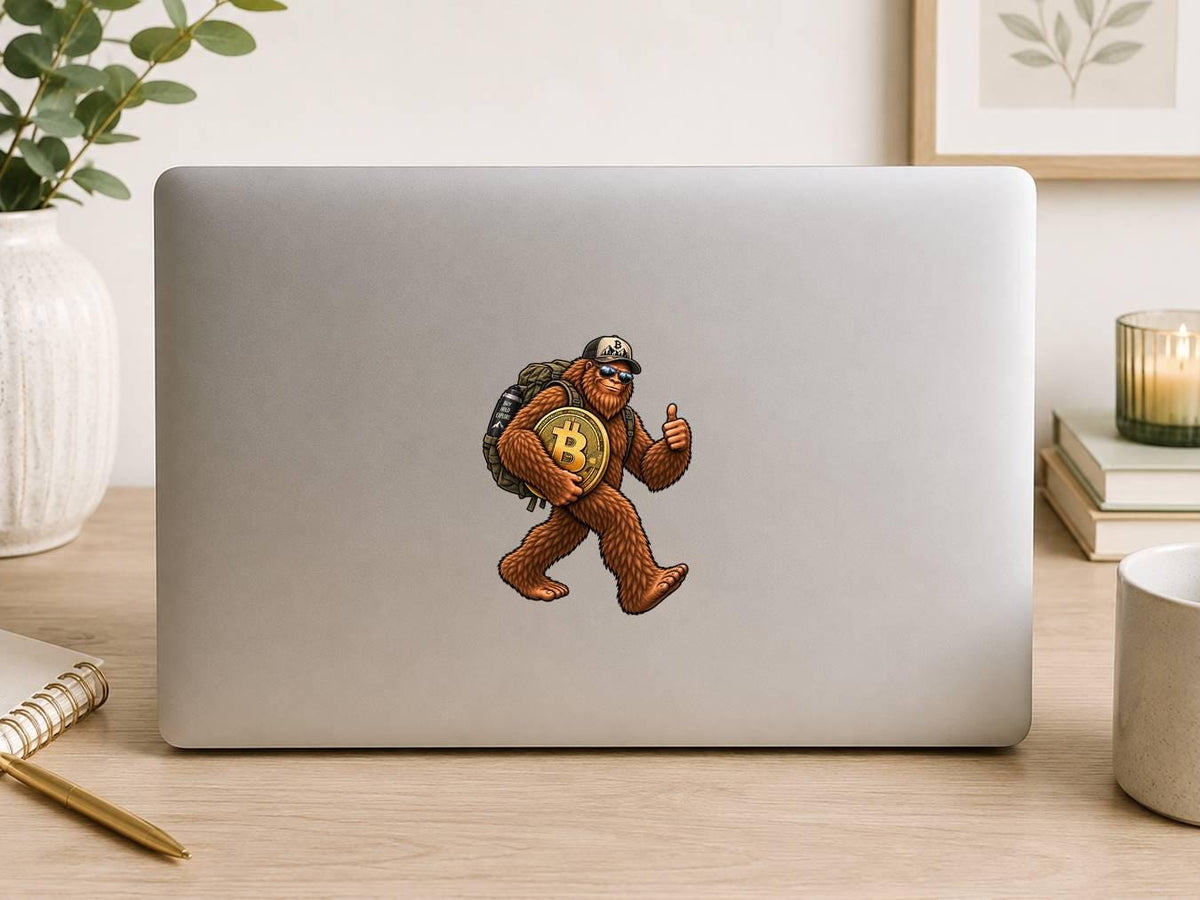 Bigfoot Bitcoin Sticker, Sasquatch Crypto Vinyl Decal, BTC Cryptocurrency Sticker – ST 041