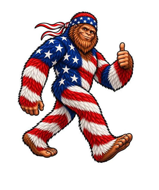 Patriotic Bigfoot Sticker, American Flag Sasquatch Vinyl Decal, Red White Blue Cryptid – ST 042