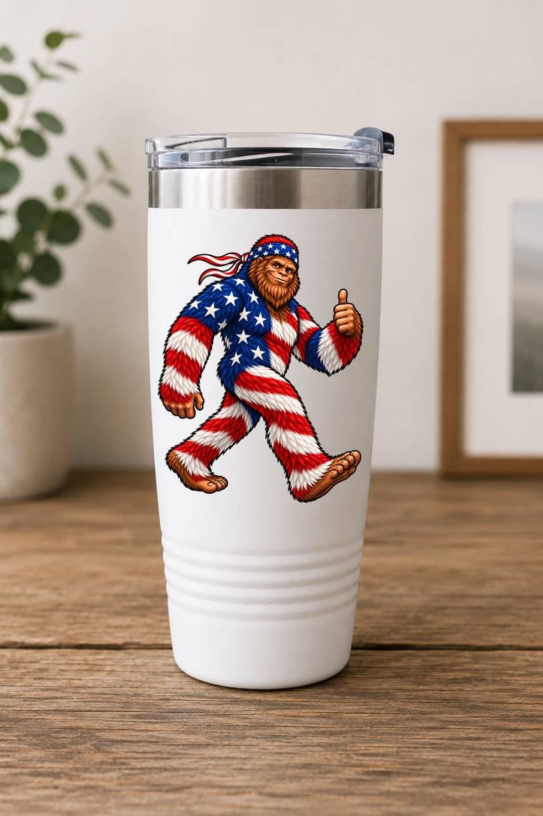 Patriotic Bigfoot Sticker, American Flag Sasquatch Vinyl Decal, Red White Blue Cryptid – ST 042