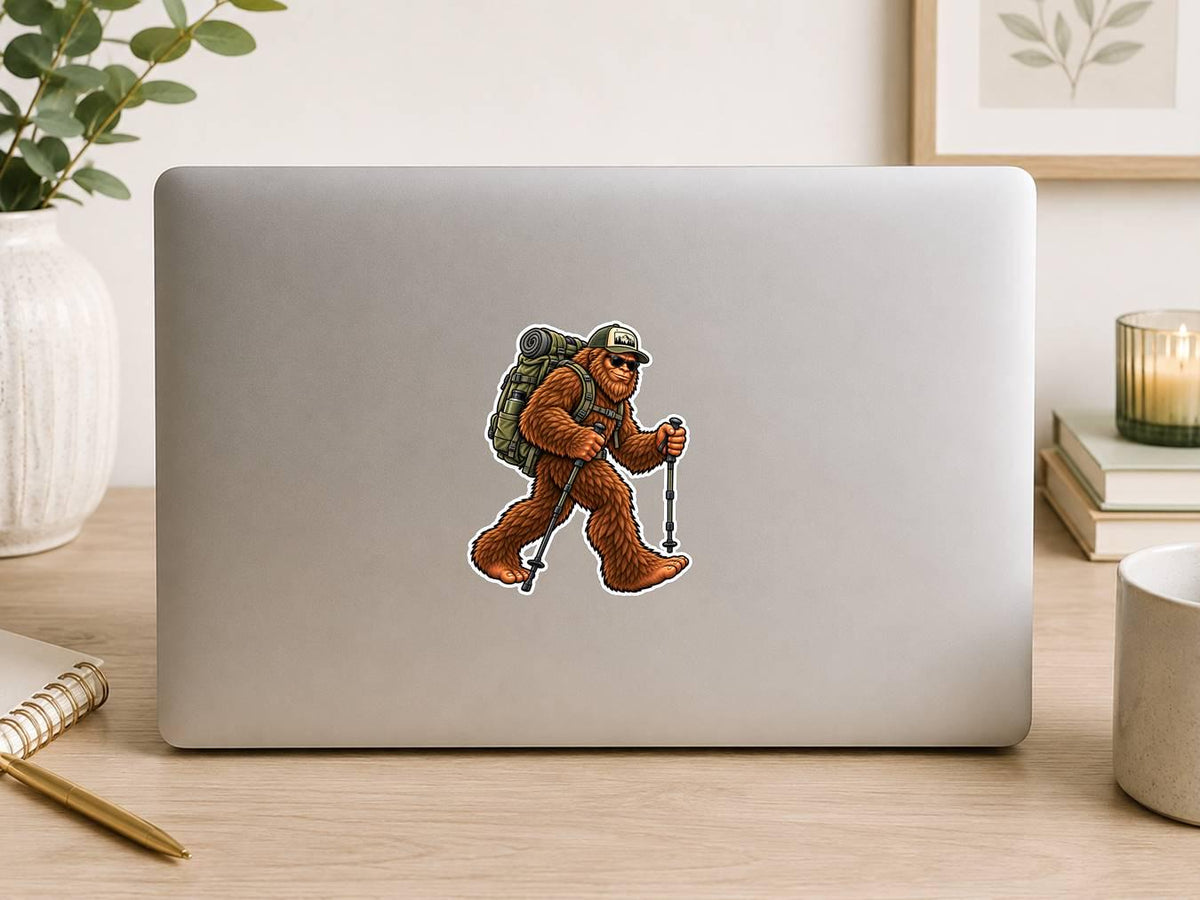 Bigfoot Hiking Sticker, Sasquatch Hiker Vinyl Decal, Backpacking Outdoor Sticker – ST 044