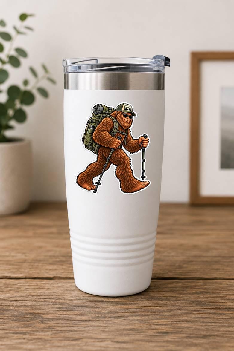 Bigfoot Hiking Sticker, Sasquatch Hiker Vinyl Decal, Backpacking Outdoor Sticker – ST 044