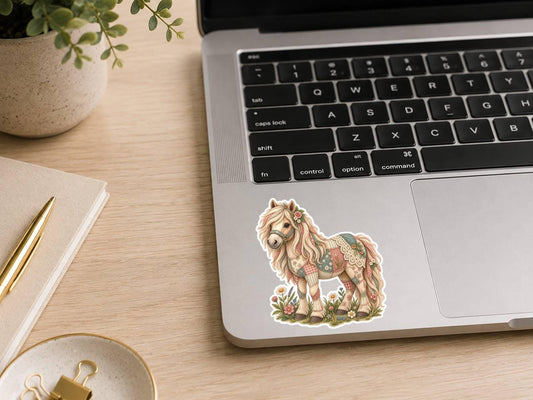 Patchwork Quilt Mini Horse Sticker – Cottagecore Floral Decal (Laminated Vinyl) ST 006