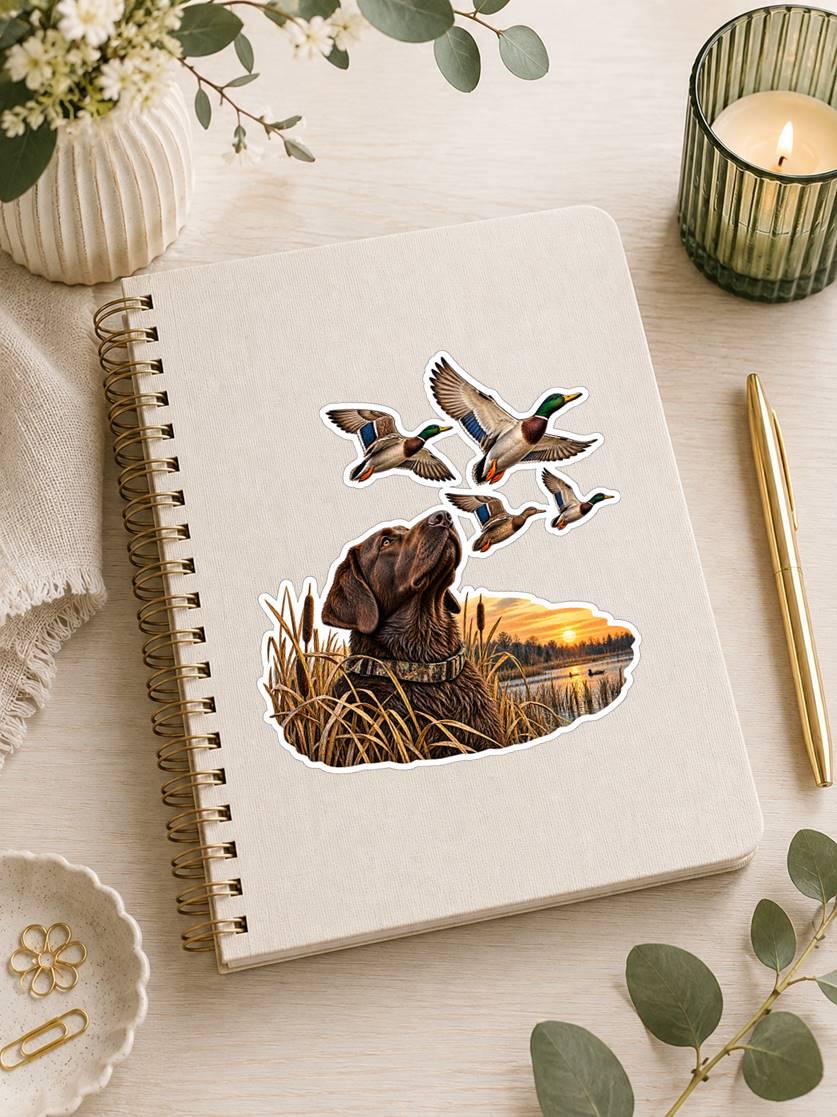 Chocolate Lab Duck Hunting Sticker – Marsh Sunset, Flying Mallards (Vinyl Decal) ST 008