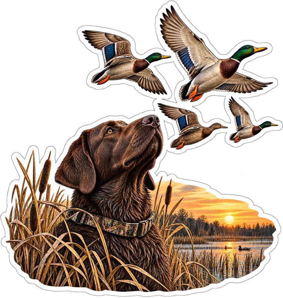 Chocolate Lab Duck Hunting Sticker – Marsh Sunset, Flying Mallards (Vinyl Decal) ST 008