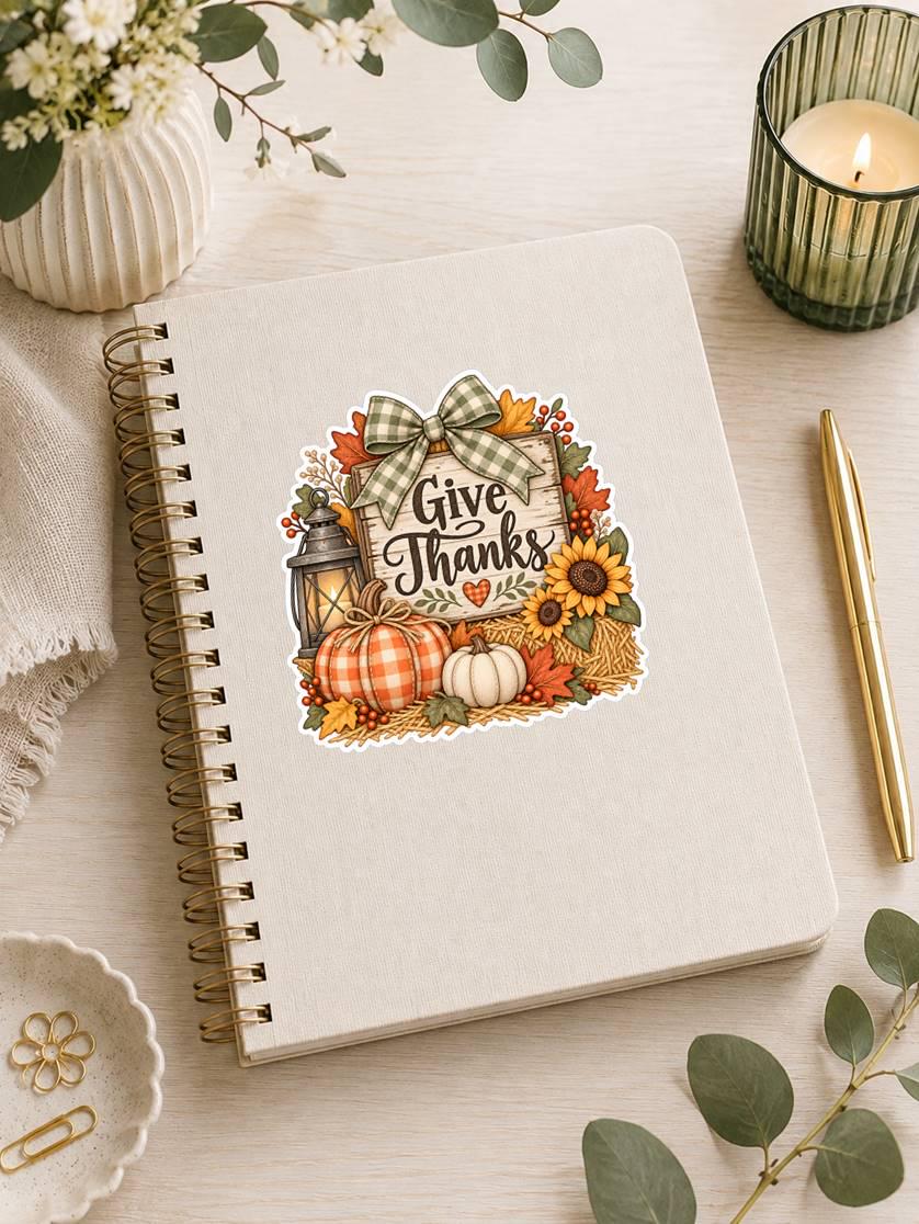 Give Thanks Fall Sticker, Rustic Thanksgiving Decal, Pumpkin Sunflower Harvest, Farmhouse Autumn – ST 011