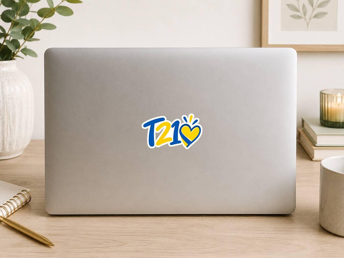 T21 Trisomy 21 Sticker, Down Syndrome Awareness Decal, Blue Yellow Heart Sticker ST 059