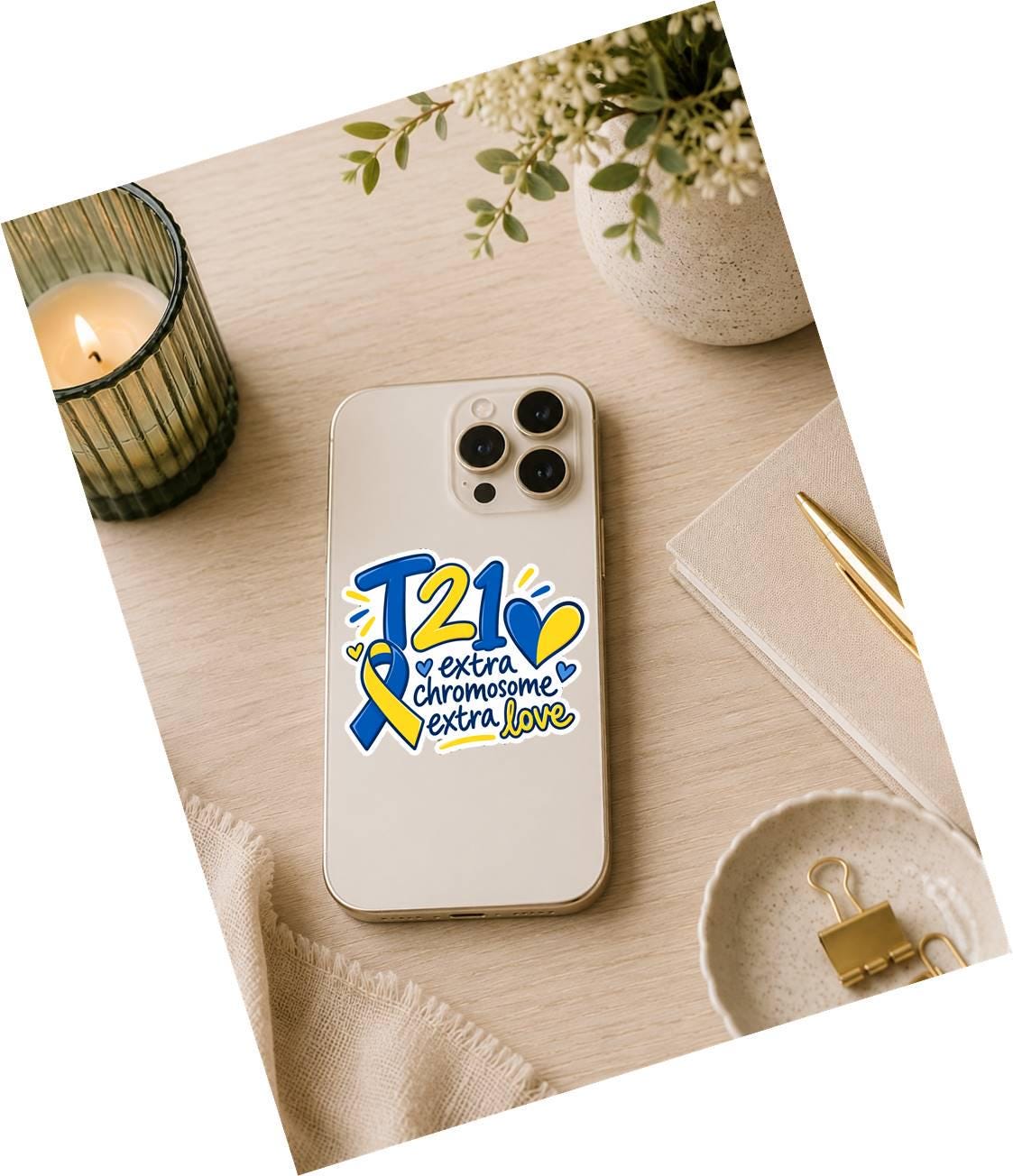 T21 Trisomy 21 Sticker, Down Syndrome Awareness Decal, Blue Yellow Heart Sticker ST 060
