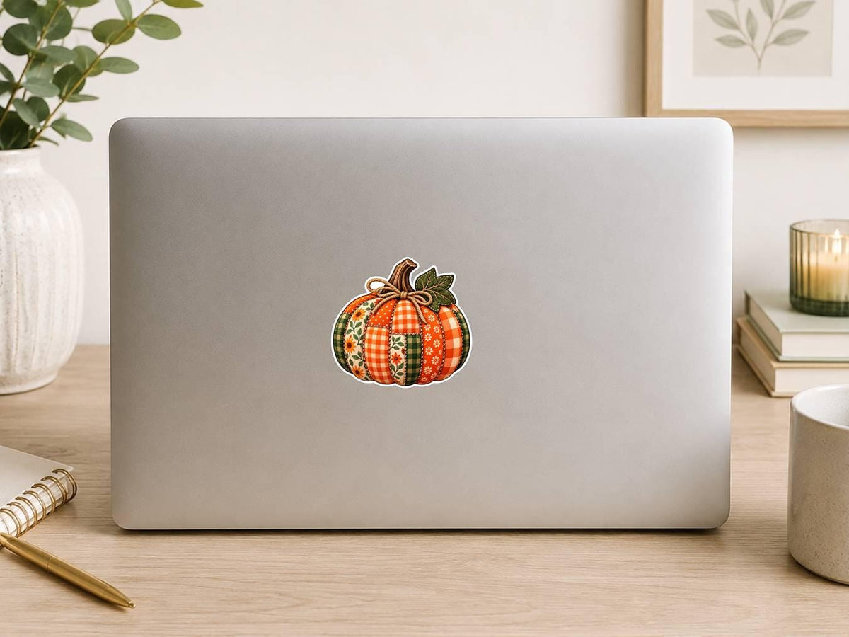 Quilted Patchwork Pumpkin Sticker | Fall Pumpkin Decal | Autumn Farmhouse Sticker | Cute Pumpkin Vinyl Decal | Thanksgiving Sticker – ST 034