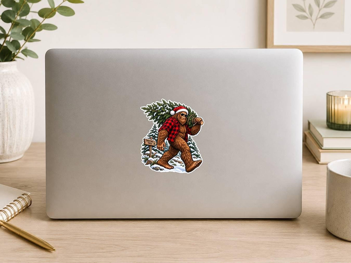Bigfoot Christmas Tree Sticker | Sasquatch Christmas Decal | Bigfoot Carrying Tree Sticker | Funny Cryptid Christmas Vinyl Decal ST 036