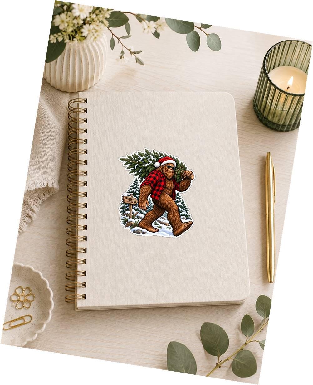 Bigfoot Christmas Tree Sticker | Sasquatch Christmas Decal | Bigfoot Carrying Tree Sticker | Funny Cryptid Christmas Vinyl Decal ST 036