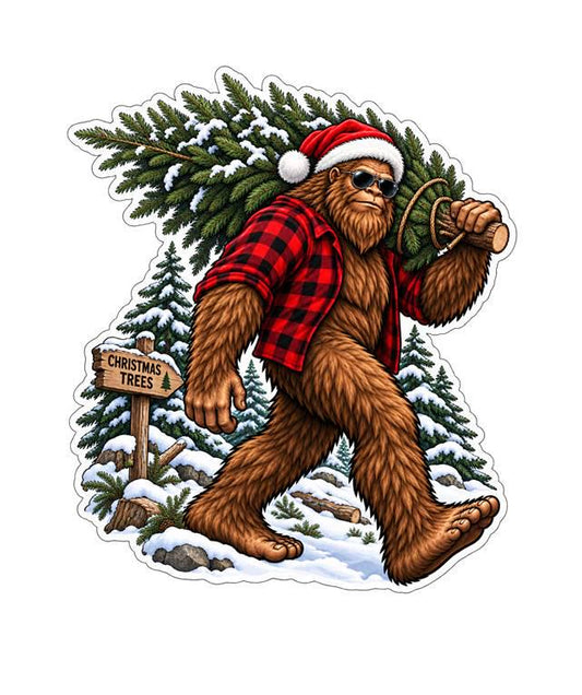 Bigfoot Christmas Tree Sticker | Sasquatch Christmas Decal | Bigfoot Carrying Tree Sticker | Funny Cryptid Christmas Vinyl Decal ST 036