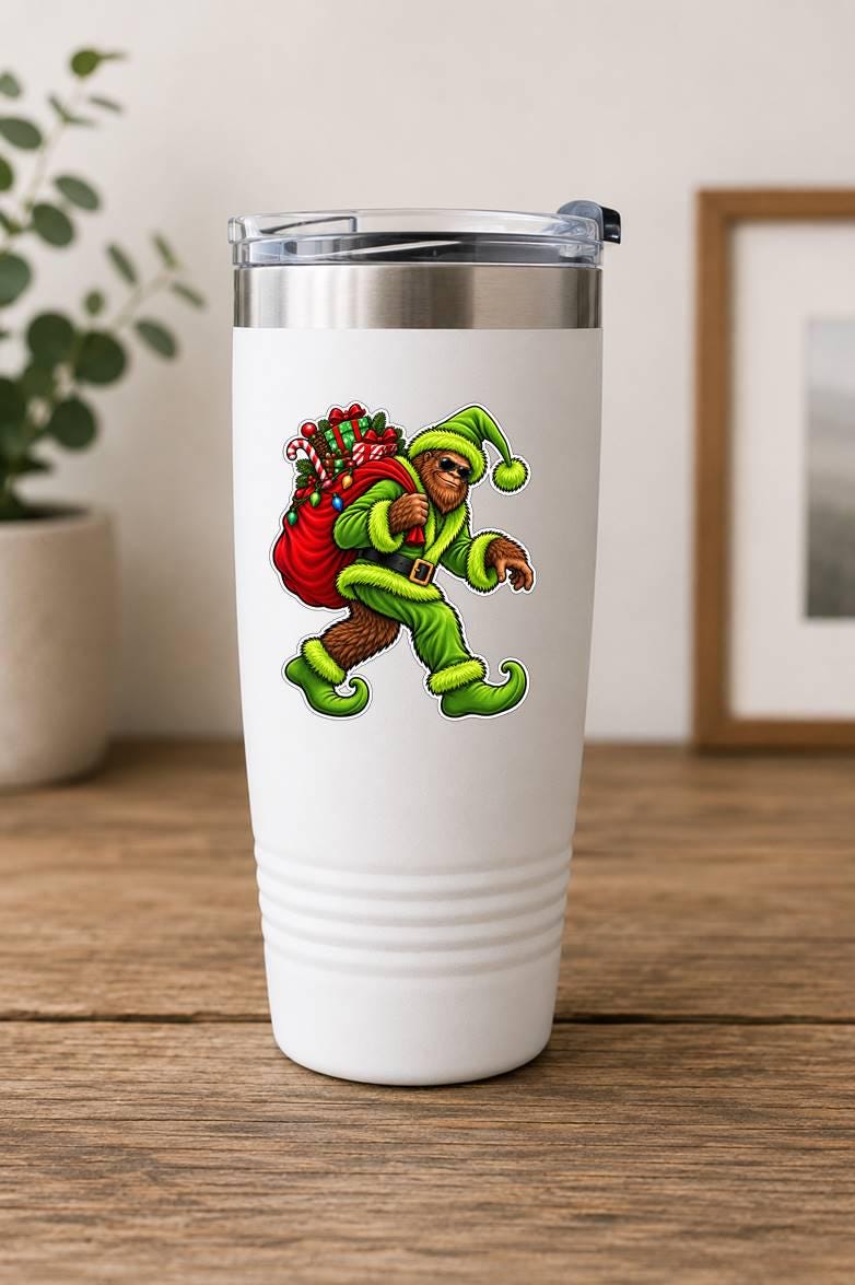 Mischievous Bigfoot Sticker | Sasquatch Christmas Decal | Bigfoot Steals Christmas | Funny Cryptid Christmas Vinyl Decal ST 038