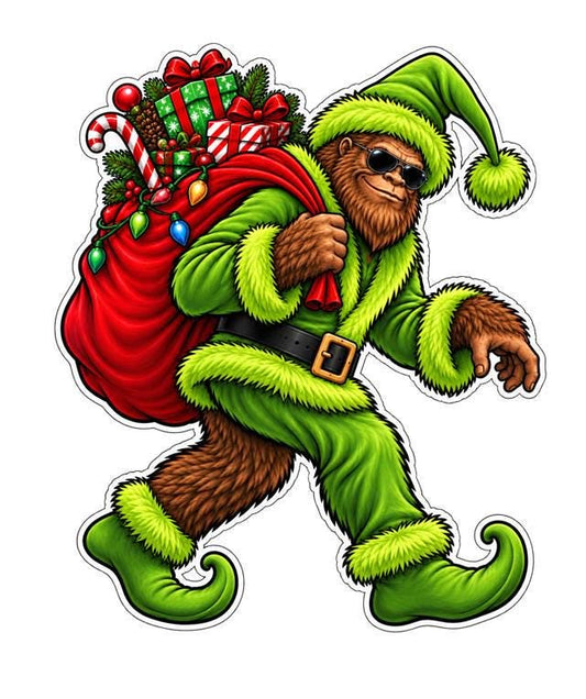 Mischievous Bigfoot Sticker | Sasquatch Christmas Decal | Bigfoot Steals Christmas | Funny Cryptid Christmas Vinyl Decal ST 038