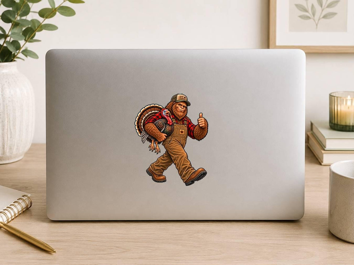 Bigfoot Thanksgiving Sticker, Sasquatch with Turkey Vinyl Decal, Funny Fall Cryptid Sticker – ST 037