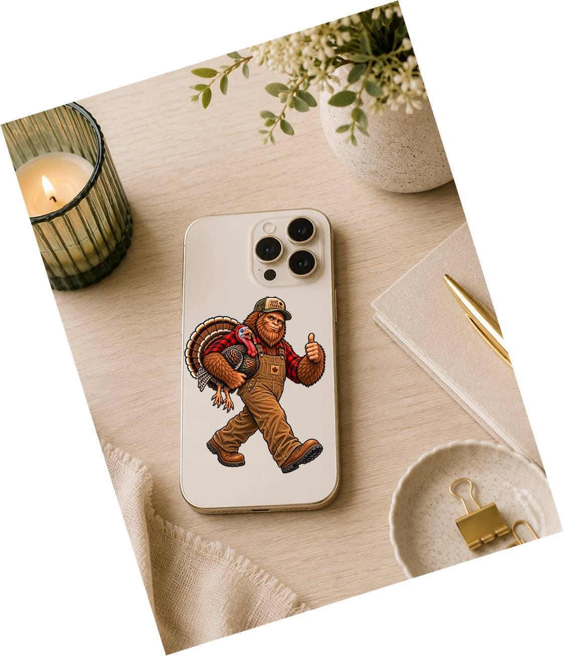 Bigfoot Thanksgiving Sticker, Sasquatch with Turkey Vinyl Decal, Funny Fall Cryptid Sticker – ST 037