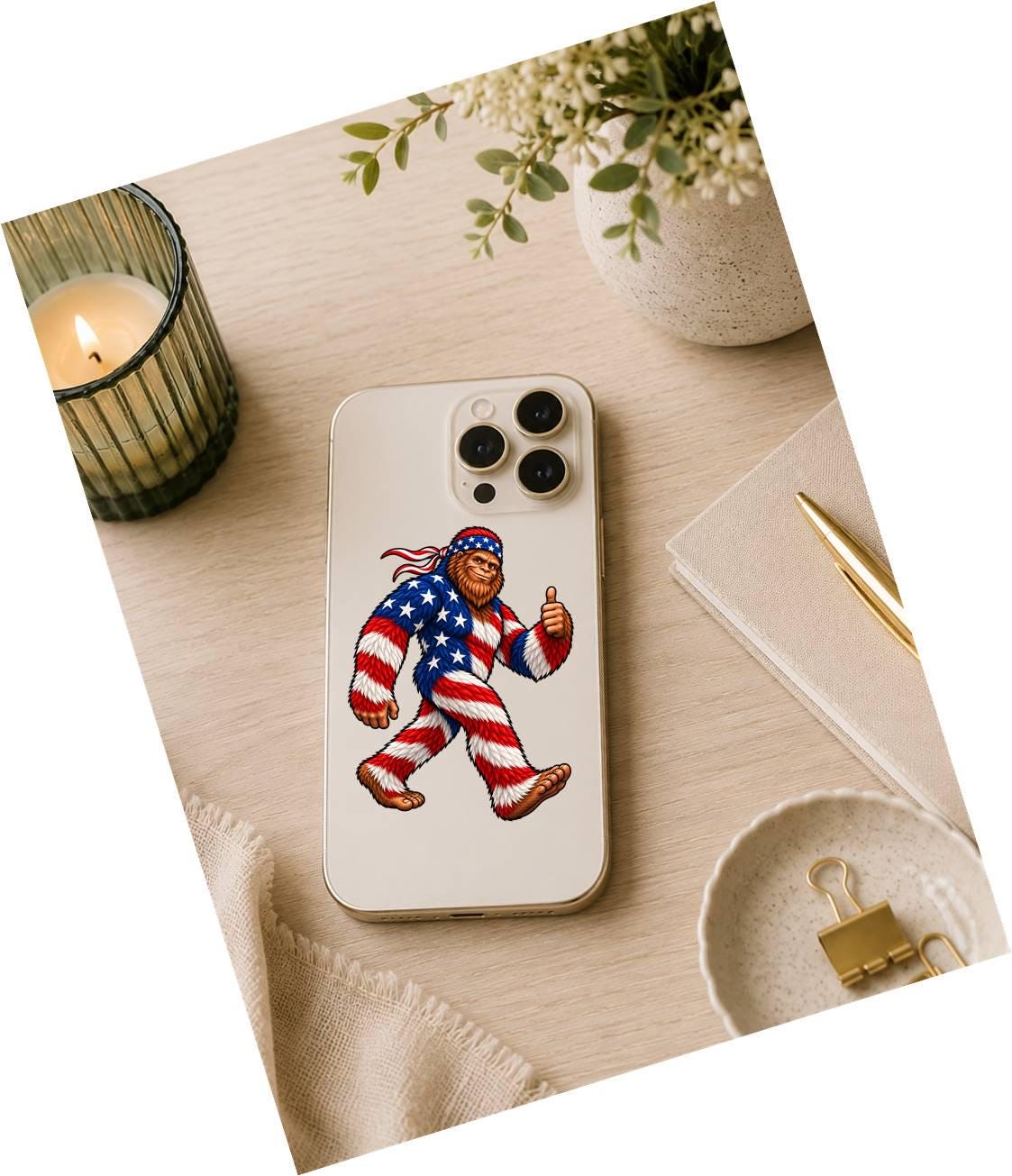 Patriotic Bigfoot Sticker, American Flag Sasquatch Vinyl Decal, Red White Blue Cryptid – ST 042