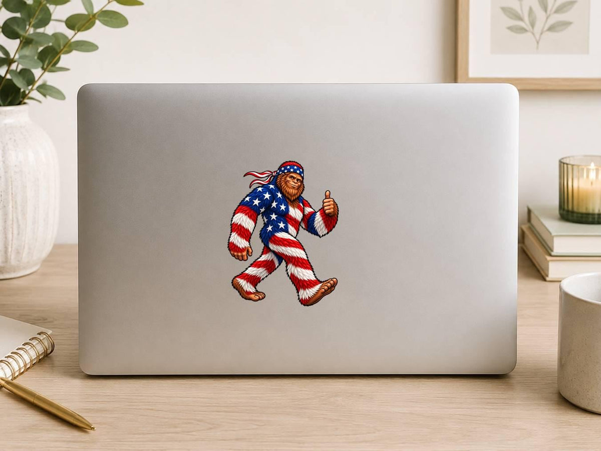 Patriotic Bigfoot Sticker, American Flag Sasquatch Vinyl Decal, Red White Blue Cryptid – ST 042
