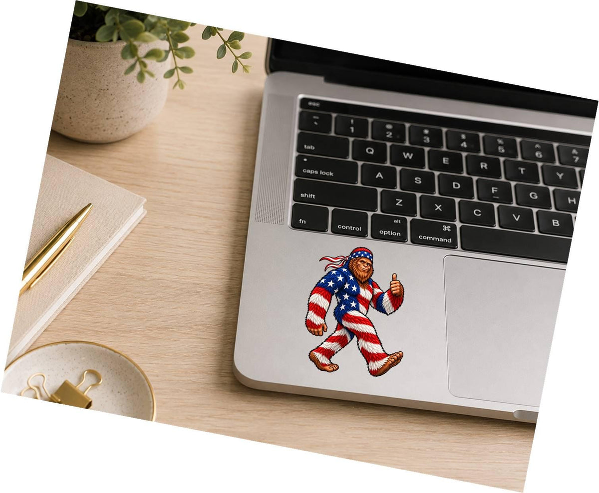Patriotic Bigfoot Sticker, American Flag Sasquatch Vinyl Decal, Red White Blue Cryptid – ST 042