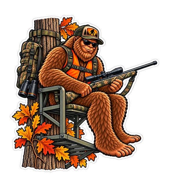 Bigfoot Deer Hunting Sticker, Sasquatch Deer Hunter Vinyl Decal, Tree Stand Hunting Sticker – ST 048