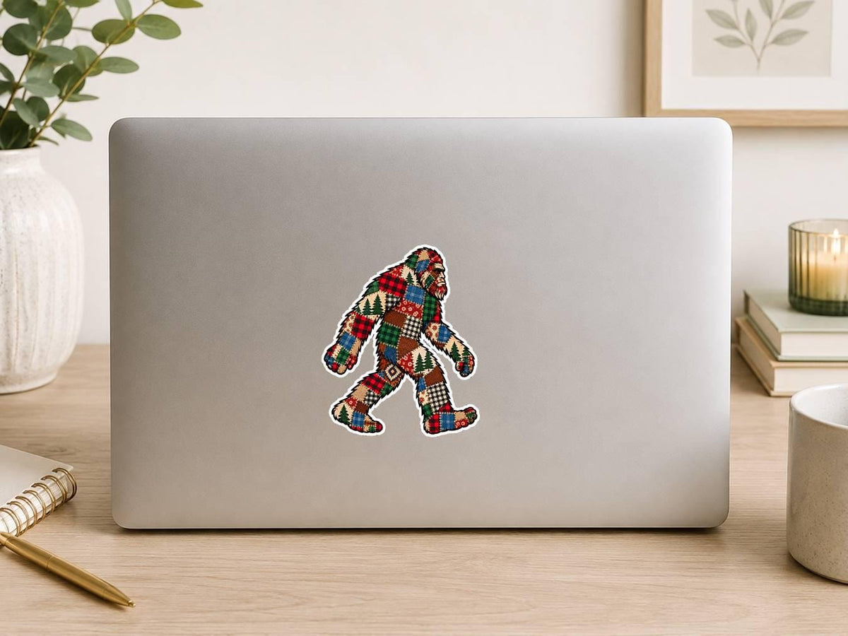 Patchwork Bigfoot Sticker, Quilt Sasquatch Vinyl Decal, Quilted Bigfoot Sticker, Colorful Cryptid Sticker, Bigfoot Gift ST 053