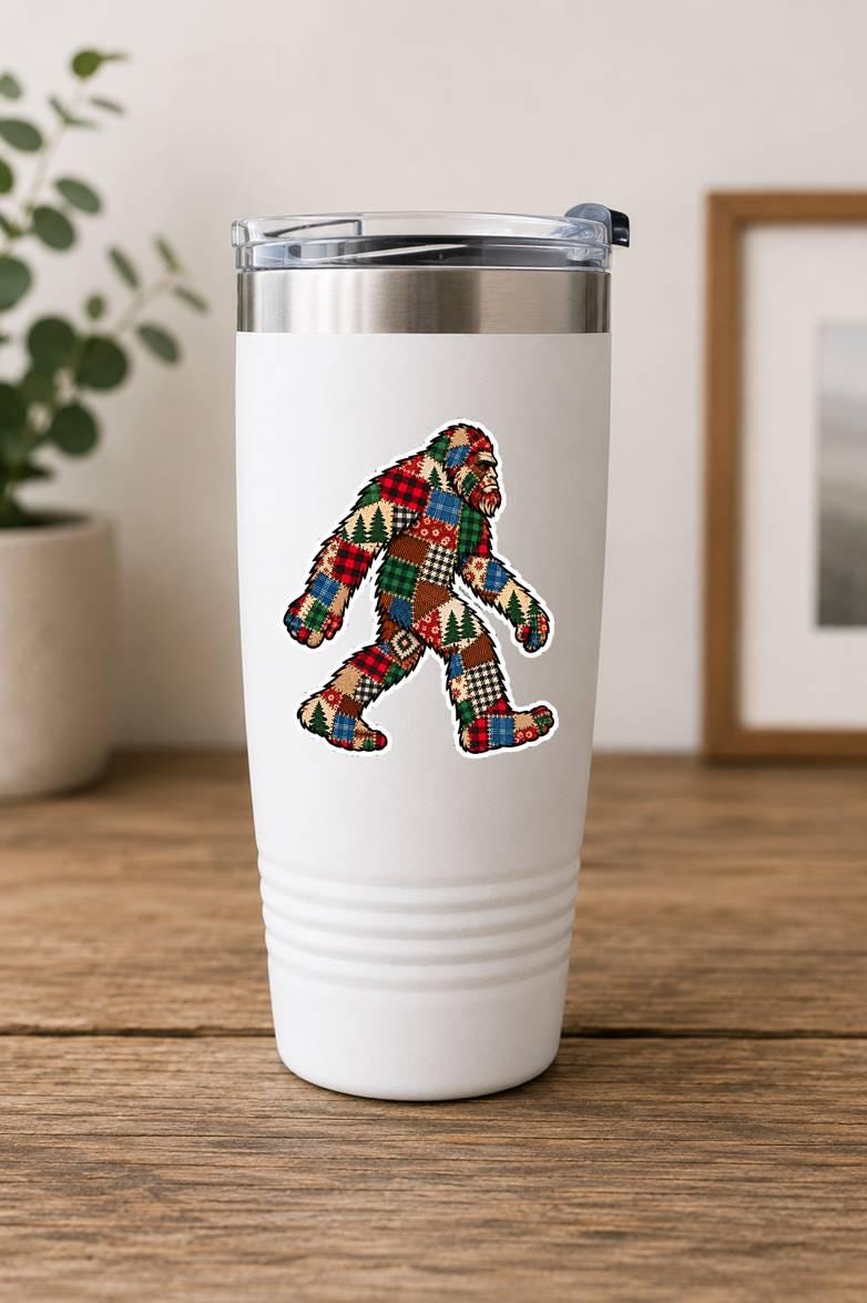 Patchwork Bigfoot Sticker, Quilt Sasquatch Vinyl Decal, Quilted Bigfoot Sticker, Colorful Cryptid Sticker, Bigfoot Gift ST 053