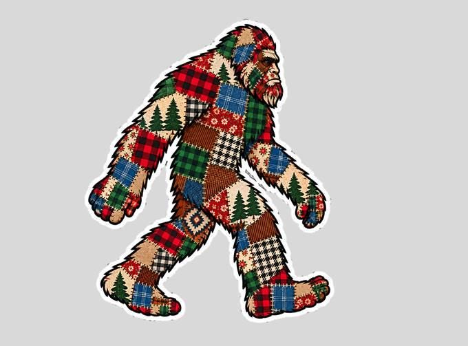 Patchwork Bigfoot Sticker, Quilt Sasquatch Vinyl Decal, Quilted Bigfoot Sticker, Colorful Cryptid Sticker, Bigfoot Gift ST 053