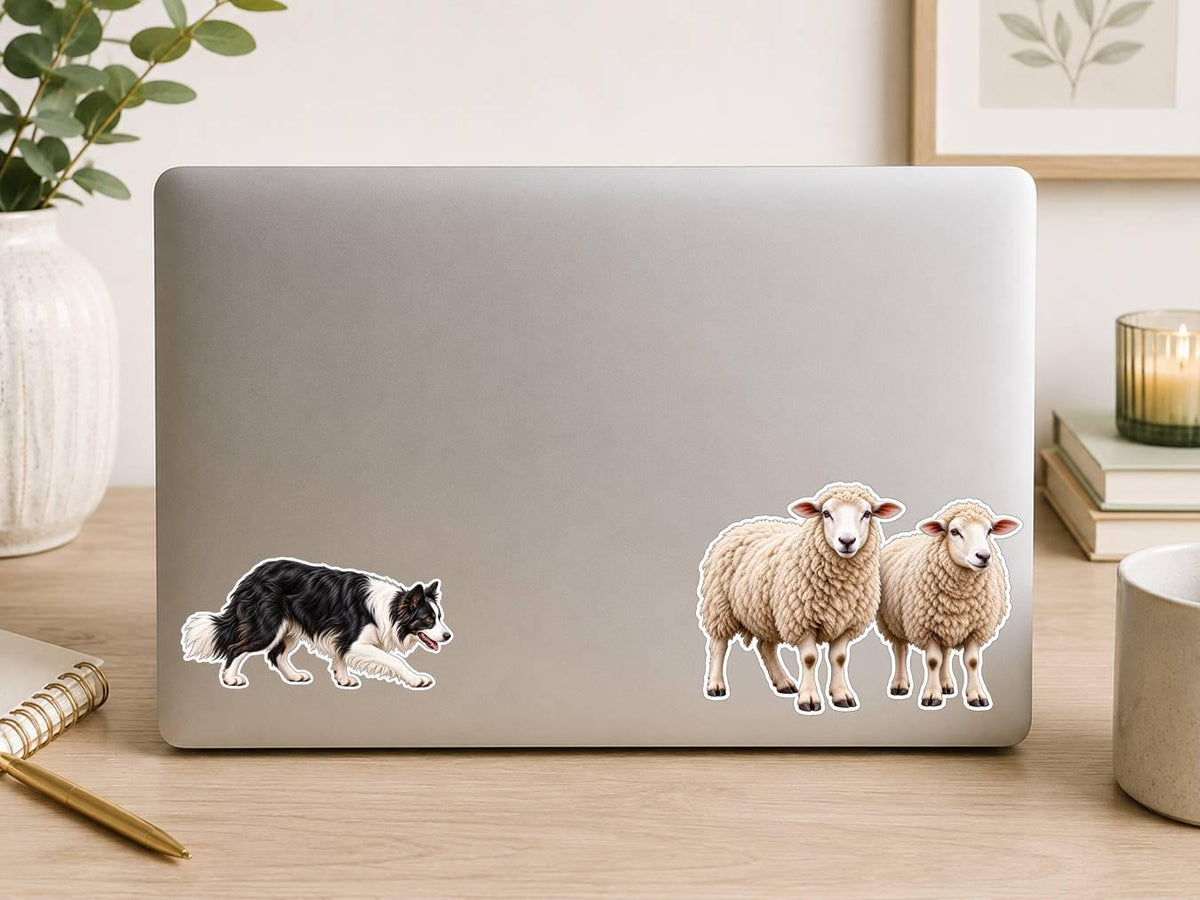 Border Collie Herding Sheep Stickers, Sheepdog Vinyl Decal, Farm Dog Sticker ST 120